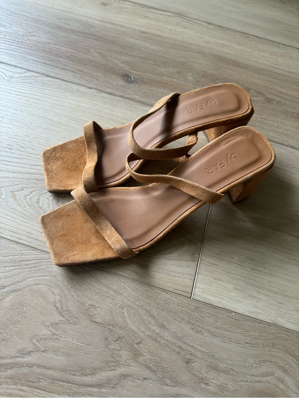 BY FAR Tan Suede Strappy Square Toe Heeled Sandals Minimalist Y2K size 38